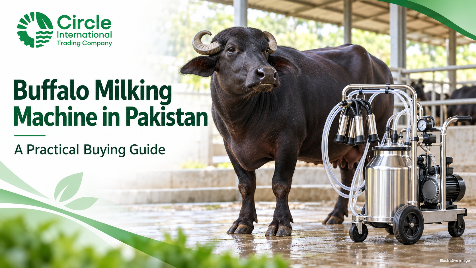 Buffalo beside a portable milking machine with Circle International branding
